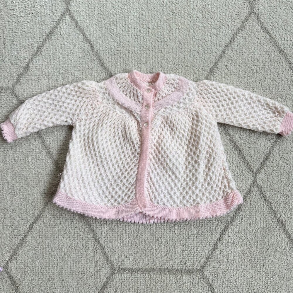 Vintage Baby Doll Pink & White Knit Cardigan Sweater With Textured Diamond Patte